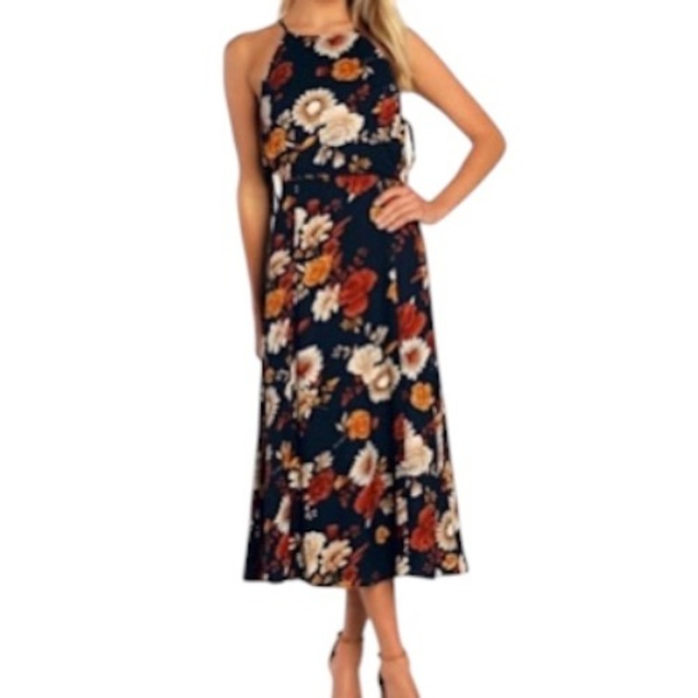NWT‎ XL Lulus Flourishing Flirt Navy Blue Floral Cutout Halter MidI Dress